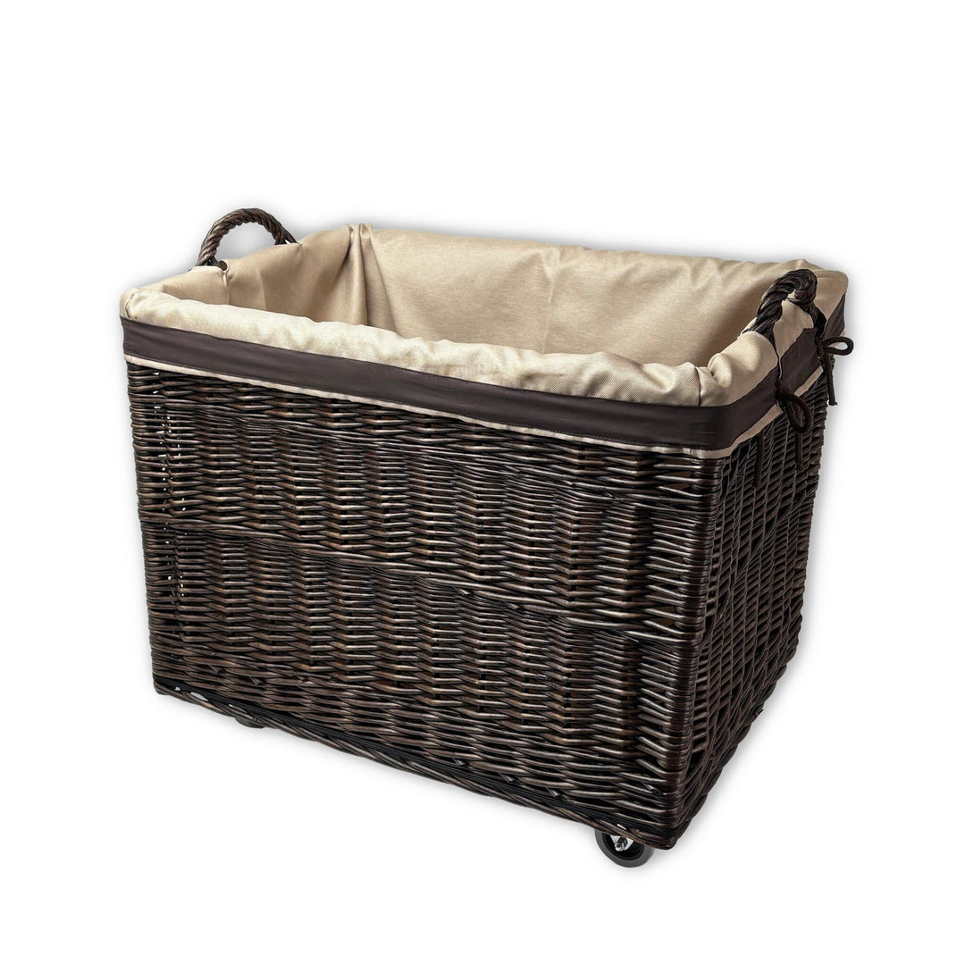 Large Wicker Storage Log Basket on Wheels, Lined (Dark) Display & Catering Prestige Wicker 