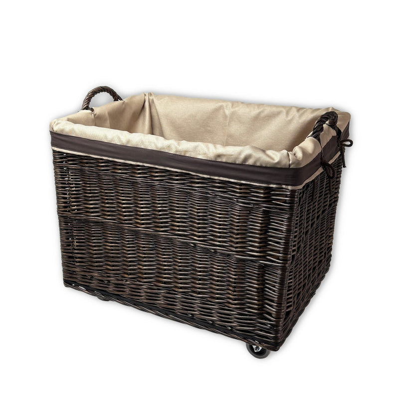 Large Wicker Storage Log Basket on Wheels, Lined (Dark) Display & Catering Prestige Wicker 