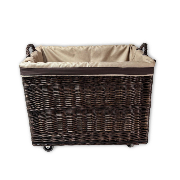 Large Wicker Storage Log Basket on Wheels, Lined (Dark) Display & Catering Prestige Wicker 