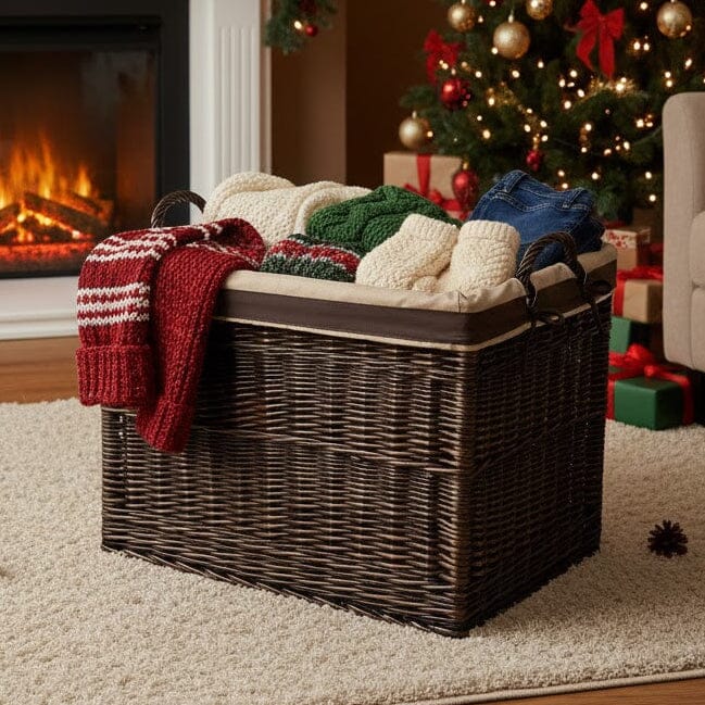 Large Wicker Storage Log Basket on Wheels, Lined (Dark) Display & Catering Prestige Wicker 