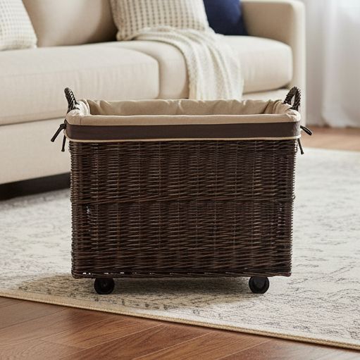 Large Wicker Storage Log Basket on Wheels, Lined (Dark) Display & Catering Prestige Wicker 