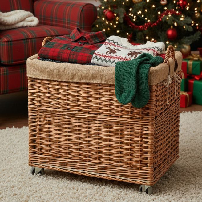 Large Wicker Storage Log Basket on Wheels, Lined Display & Catering Prestige Wicker 