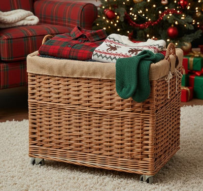 Large Wicker Storage Log Basket on Wheels, Lined Display & Catering Prestige Wicker 