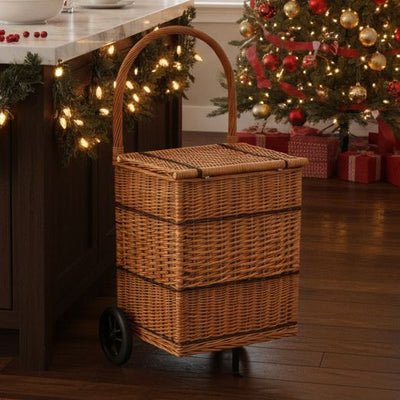 Square Wicker Trolley Basket with Lid Shopping/Log Holder Prestige Wicker 