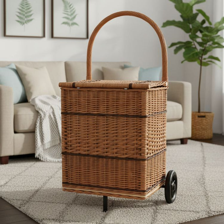 Square Wicker Trolley Basket with Lid Shopping/Log Holder Prestige Wicker 